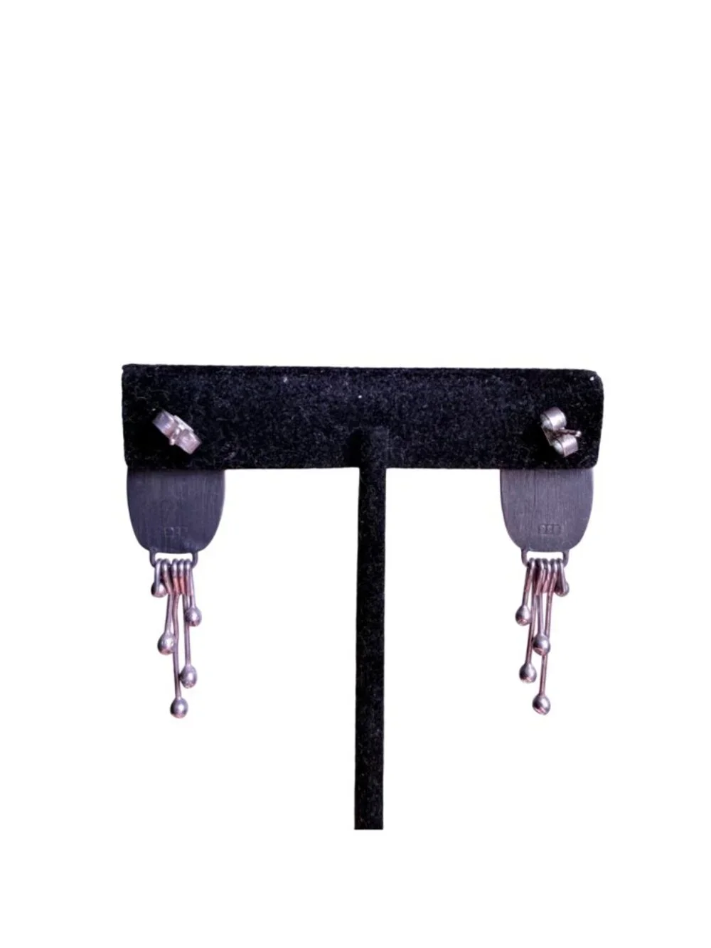 Handcrafted Oxidized Silver Dangle Earrings Red Stone Accent Modern Abstract